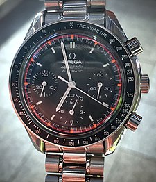 Mechanical chronograph Omega Speedmaster having two buttons (start/stop and reset) besides the crown