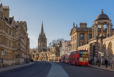 High Street Oxford, looking west towards St Mary's Church. Queen's College is on the right.