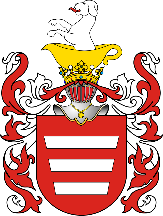 Red, white and gold coat of arms with a dog