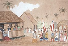 Queen Pomare IV in 1860. Tahiti was made a French protectorate in 1842, and annexed as a colony of France in 1880. Parade of the Kanaks districts before Queen Pomare in 1860.jpg