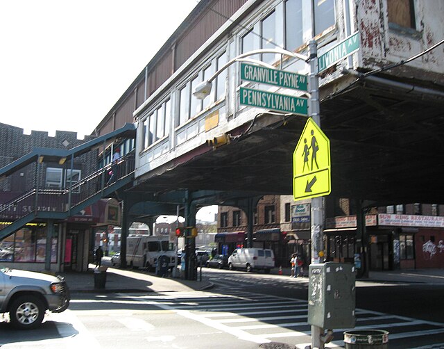 Pennsylvania Avenue at the corner of Livonia Avenue, near elevated subway station