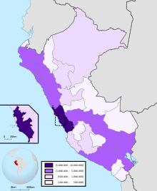 Peru's regions are shaded in based on their population. Peru - Population by region or department (2007).svg