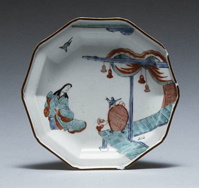 Plate with Japanese court woman and birds, Imari ware, 1710–1730