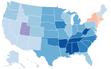 A map showing plurality religious denominations by state as of 2014, according to the Pew Research Center. Catholics made up a plurality of the population in four states: Massachusetts, New Jersey, New York, and Rhode Island.
.mw-parser-output .div-col{margin-top:0.3em;column-width:30em}.mw-parser-output .div-col-small{font-size:90%}.mw-parser-output .div-col-rules{column-rule:1px solid #aaa}.mw-parser-output .div-col dl,.mw-parser-output .div-col ol,.mw-parser-output .div-col ul{margin-top:0}.mw-parser-output .div-col li,.mw-parser-output .div-col dd{page-break-inside:avoid;break-inside:avoid-column}
Protestant
.mw-parser-output .legend{page-break-inside:avoid;break-inside:avoid-column}.mw-parser-output .legend-color{display:inline-block;min-width:1.25em;height:1.25em;line-height:1.25;margin:1px 0;text-align:center;border:1px solid black;background-color:transparent;color:black}.mw-parser-output .legend-text{}
70 - 79%
60 - 69%
50 - 59%
40 - 49%
30 - 39%
Catholic
40 - 49%
30 - 39%
Mormon
50 - 59%
Unaffiliated
30 - 39% Plurality Religious Denomination by U.S. State.svg