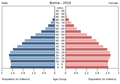 English: The population pyramid of Myanmar illustrates the age and sex structure of population and may provide insights about political and social stability, as well as economic development. The population is distributed along the horizontal axis, with males shown on the left and females on the right. The male and female populations are broken down into 5-year age groups represented as horizontal bars along the vertical axis, with the youngest age groups at the bottom and the oldest at the top. The shape of the population pyramid gradually evolves over time based on fertility, mortality, and international migration trends. Українська: Віково-статева піраміда населення М'янми за 2014 рік. Вона дає наочне уявлення про вікову і статеву структура населення країни, може слугувати джерелом інформації про політичну і соціальну стабільність, економічний розвиток. Блакитними кольорами ліворуч, у вигляді горизонтальних смуг показані вікові групи (з кроком 5 років кожна) чоловічої статі, праворуч рожевими — жіночої. Наймолодші вікові групи — внизу, найстаріші — вгорі. Форма піраміди поступово еволюціонує з плином часу під впливом чинників народжуваності, смертності і світової міграції.