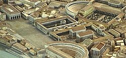 The Temple of Hercules Musarum in the Portico of Philippus in Gismondi's model, Museum of Roman Civilization Porticos of Philippus and Octavia.jpg