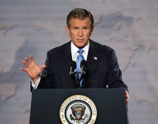 President George W. Bush In Cincinnati on October 7, 2002, charges Saddam Hussein's Iraq with harboring Abu Abbas.