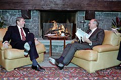 U.S. President Reagan and Soviet General Secretary Gorbachev were among the major players on the world stage in the 1980s, and would heavily affect Castro's governance of Cuba. President Ronald Reagan and Soviet General Secretary Mikhail Gorbachev at the first Summit in Geneva, Switzerland.jpg