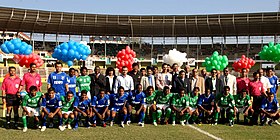 Salgaocar SC players (in green) during their debut match at the 2007-08 I-League, against Dempo SC. Priyaranjan Dasmunsi with the players of the Dempo S C and Salgaonkar during the inauguration of the ONGC I-League Tournament, the first professional football tournament in India at the Nehru Stadium at Margao, Goa.jpg