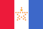 A red, white, and blue tricolor in which the centeral white field is emblazoned with a star composed of 19 smaller gold stars