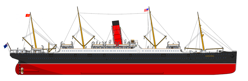 A colour profile view of the Carpathia as she appeared from 1903 to 1905 RMS Carpathia drawing.png