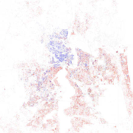 Map of racial distribution in Jacksonville, 2010 U.S. Census. Each dot is 25 people: .mw-parser-output .legend{page-break-inside:avoid;break-inside:avoid-column}.mw-parser-output .legend-color{display:inline-block;min-width:1.25em;height:1.25em;line-height:1.25;margin:1px 0;text-align:center;border:1px solid black;background-color:transparent;color:black}.mw-parser-output .legend-text{}⬤ White ⬤ Black ⬤ Asian ⬤ Hispanic ⬤ Other