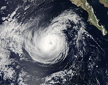 A photograph of a hurricane off the west coast of the Baja California peninsula