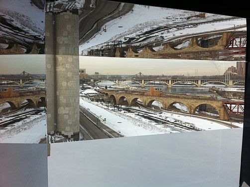 Reflective view from the Guthrie Theater on the Mississippi River, Minneapolis, Minnesota