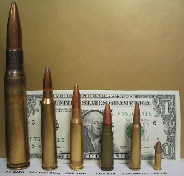 Rifle cartridges: from left: 50 BMG • 300 Win Mag • 308 Winchester, 7.62 × 39 mm • 5.56 × 45 mm NATO • 22 LR