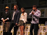 Cast and crew of Dawn of the Planet of the Apes (from left): director Matt Reeves and stars Jason Clarke, Keri Russell and Andy Serkis