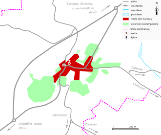 Vista di una mappa a colori che rappresenta le fasi di sviluppo della costruzione di un villaggio.