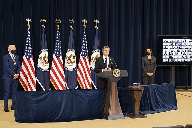 Secretary of State Antony Blinken delivers remarks with President Joe Biden and Vice President Kamala Harris at the State Department headquarters, Feb