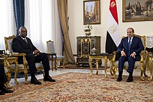 Austin with Egyptian President Abdel Fattah el-Sisi at the Presidential Palace in Cairo, March 8, 2023 Secretary of Defense Lloyd J. Austin III in Cairo, Egypt, to reaffirm the U.S. commitment to the bilateral relationship and to exchange views on shared regional and global security challenges, March 8, 2023 - 230308-D-PM193-1383 03.jpg
