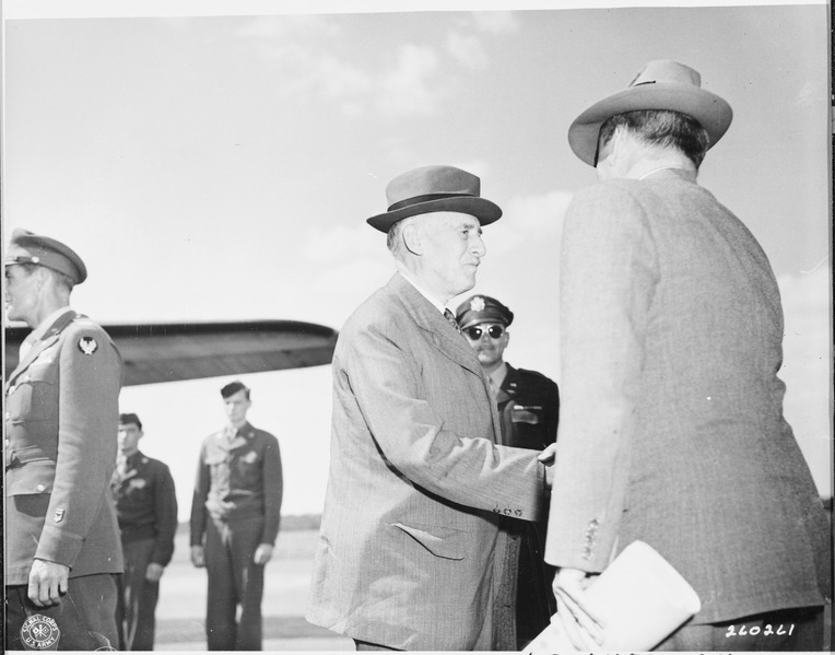 File:Secretary of War Henry Stimson shakes hands with Assistant Secretary of War John J. McCloy at Gatow Airport in... - NARA - 198873.tif