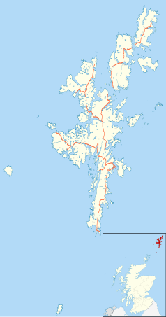 Mapa konturowa Szetlandów, na dole nieco na prawo znajduje się punkt z opisem „Grutness”