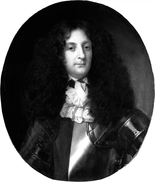 A detail from a painted portrait showing the face of a clean-shaven middle-aged grey-eyed man with long curly black hair or such a wig, wearing a lace jabot