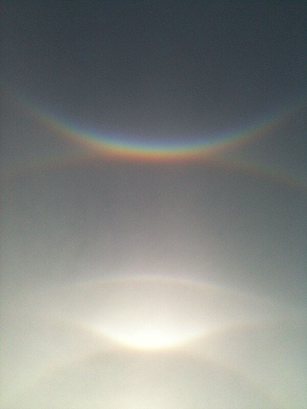 From top to bottom: A circumzenithal arc, supralateral arc, Parry arc, upper tangent arc, and 22° halo