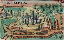 St Davids depicted on Speed's 1610 map of Wales