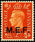 A British stamp with a Middle East Forces overprint valid for use in occupied Libya Stamp UK MEF 1942 2p.jpg