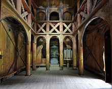 interior of Borgun stave church Stave church Borgund interior.jpg