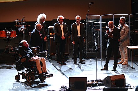 Leonov, Stephen Hawking, and Brian May at the Starmus Festival, 2016