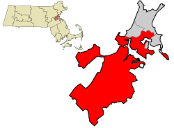 Boston (đỏ) trong quận Suffolk (xám+đỏ) tại bang Massachusetts