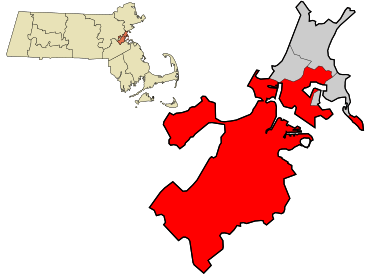 Boston (red) is in Suffolk County (gray+red)in the Commonwealth of Massachusetts.