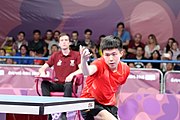 Deutsch: Tischtennis bei den Olympischen Jugendspielen 2018; Tag 9, 15. Oktober 2018; Mixed, Finale, Mixed-Doppel – Tomokazu Harimoto (JPN) Vs Wang Chuqin (CHN) 3:1 English: Table tennis at the 2018 Summer Youth Olympics at 15 October 2018 – Mixed Final, Mixed-Double – Tomokazu Harimoto (JPN) Vs Wang Chuqin (CHN) 3:1