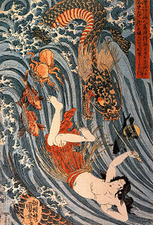 Tamatori steals the Dragon King's jewel, woodblock print by Utagawa Kuniyoshi. Tamatori being pursued bya dragon.jpg