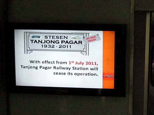 A notice of the cessation of operations at the Tanjong Pagar train station displayed on board a train from Kuala Lumpur to Singapore (Tanjong Pagar) o