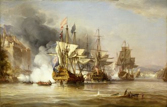 HMS Hampton Court on the right with red swallowtail pennant, at the Battle of Porto Bello The Capture of Puerto Bello, 21 November 1739 RMG BHC0355.tiff