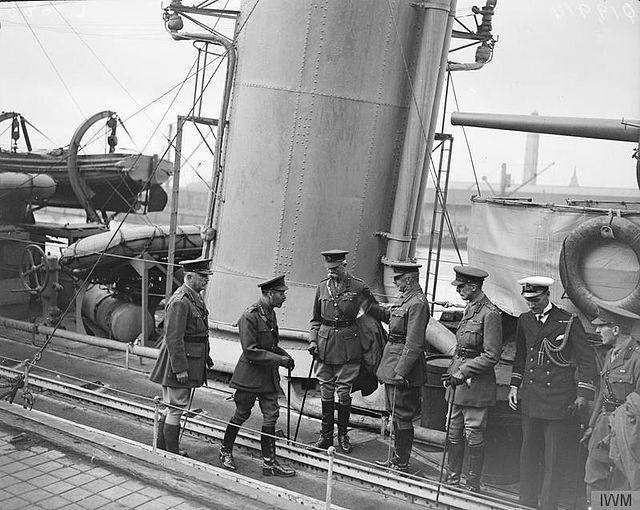 King George V about to disembark from the Royal Navy flotilla leader Whirlwind at Calais, 5 August 1918. With him are Lieutenant-General George Fowke,