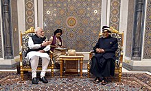 Prime Minister Narendra Modi meeting with Sultan Qaboos bin Said Al Said at Al Baraka Palace, Muscat in 2018. The Prime Minister, Shri Narendra Modi at the delegation level talks with the Sultan of Oman, Sultan Qaboos bin Said Al Said, at Bait Al Baraka, in Muscat, Oman on February 11, 2018 (1).jpg