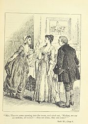 Возле двери встает молодая женщина, делая реверанс, перед ее высокой и красивой, очень прямолинейной молодой женщиной, рядом с ней мужчина, одетый в черное.