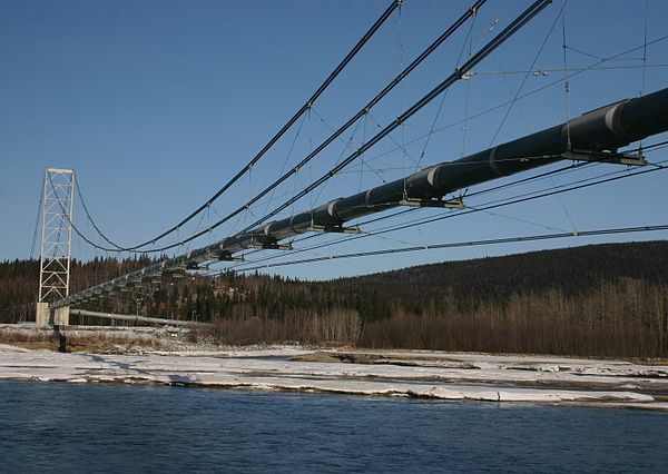 The Trans-Alaska Pipeline crosses beneath several rivers, but has a pipeline bridge where it crosses the Tanana just north of Delta Junction.