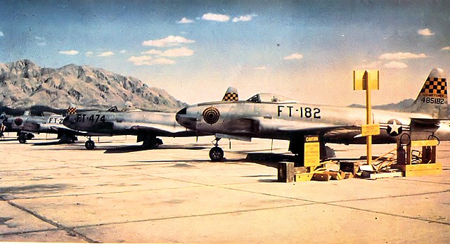 Fighter Weapons School F-80As c. 1950 in front of Frenchman Mountain, which is east of the valley