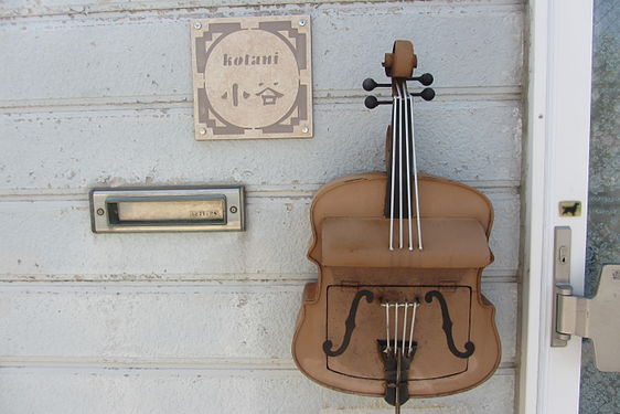 Violin-shaped mailbox on private home in Hakodate, Hokkaido, Japan