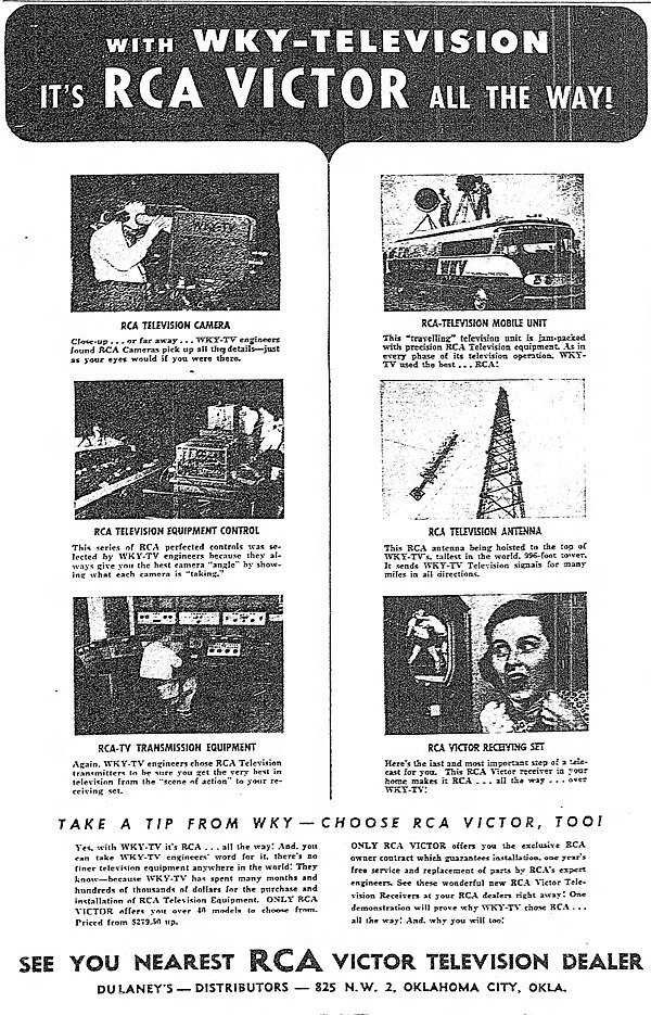 A June 5, 1949, newspaper advertisement for RCA Victor television sets exhibiting WKY-TV's studios, control room and transmitter installation; WKY-TV 