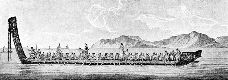 Engraving of a long canoe with elaborately carved prow and stern and dozens of people aboard