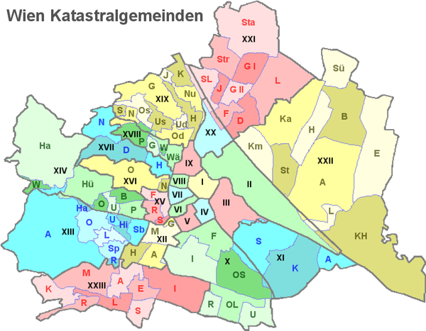 De kadastrale gemeenschappen van Wenen