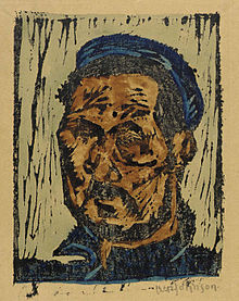 Hand-colored woodcut with blue clothing, brown skin tone, and pale green background