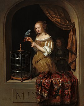 Young woman in a window feeding a parrot, by Caspar Netscher.jpg