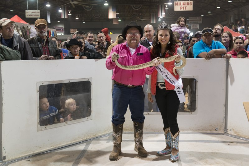 File:"Miss Snake Charmer," Hannah Smith, a cowboy snake-handler Terry "Hollywood" Armstrong, hoist a hefty specimen at the "World's Largest Rattlesnake Roundup" in Sweetwater, Texas LCCN2014631482.tif