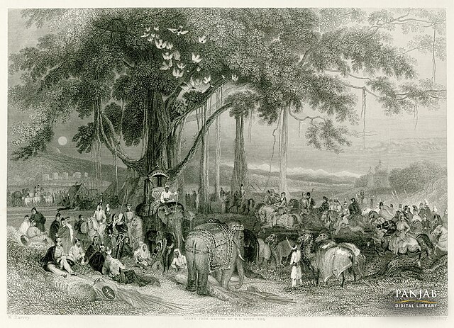 A late night gathering of Sikhs with Maharaja Ranjit Singh and General Ventura outside the walls of Lahore, ca.1830